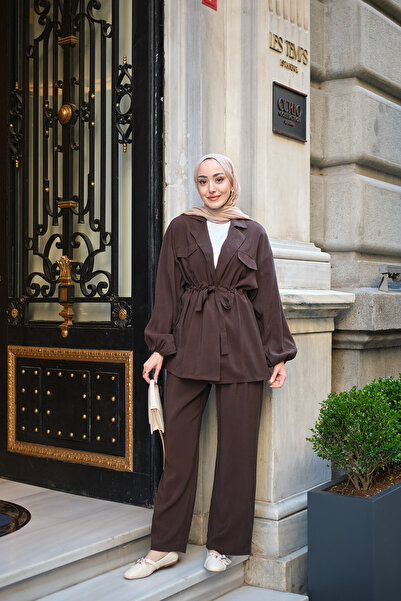 LOCCO Women's Pocket Detail Tunnel Belted Suit Brown