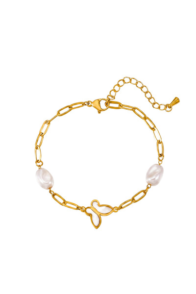 Black Season Gold Plated Pearl Moon and Butterfly Bracelet-18 cm Long