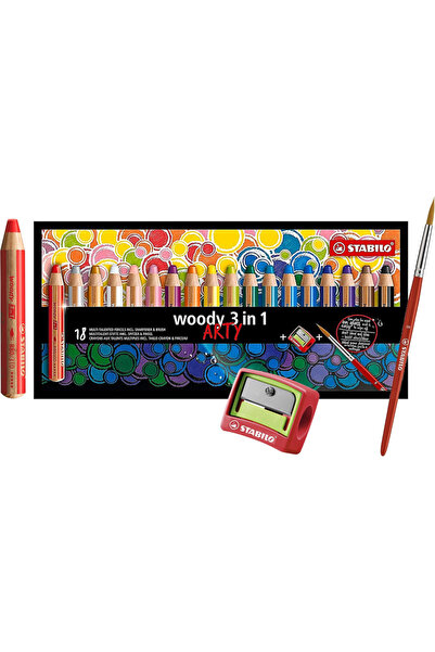 Stabilo Creioane Woody Arty 3 în 1, 18 culori + ascuțitor pentru creioane