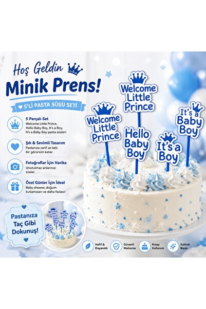 LİYA3D 5-Piece Baby Boy Cake Decoration Set - It's a Boy, Hello Baby Boy, Wel...