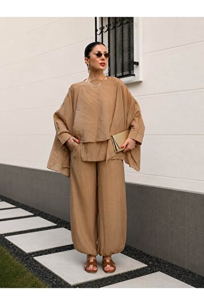 YK FASHION Pelerin Detaylı Şalvar Pantalon Takım