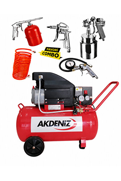 Akdeniz 50 Litre Hava Kompresörü + ATTLAS 5 Parça Havalı El Aletleri Seti Kom...