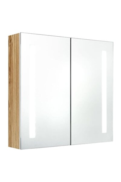 vidaxl Dulap cu oglindă pentru baie cu LED, Alb și Stejar, 62 x 14 x 60 cm