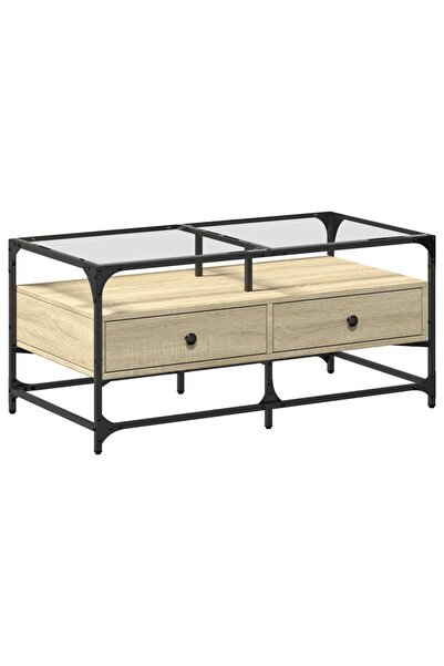vidaxl Măsuță cafea cu blat din sticlă stejar sonoma 98,5x50x45cm oțel