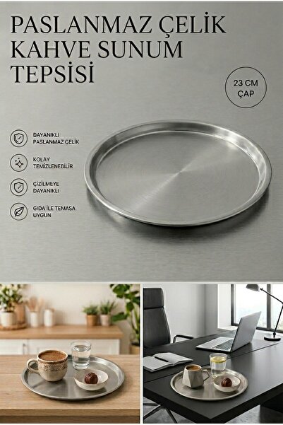 TARIK HOME 1 Adet Paslanmaz Çelik Tepsi - Yuvarlak Servis ve Kahve Sunum Teps...