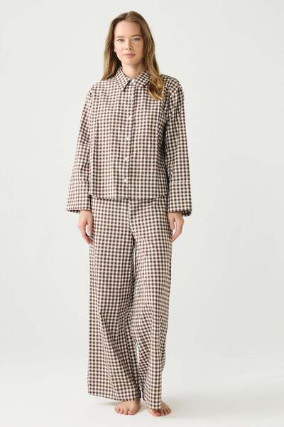 C&City Dayjamas Gingham Shirt and Pants Set Brown