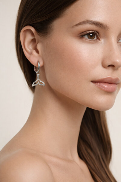 THE Steel Steel Silver Sea Tail Figured Zircon Stone Hoop Earrings