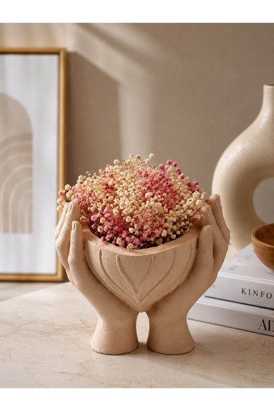 Ümmü decor Kalpli Kapaklı El Figürlü Dekoratif Vazo & Kuru Çiçeklik Beyaz Taş...