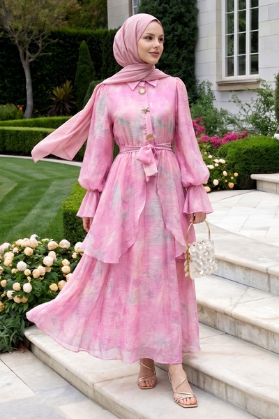 InStyle Soft Patterned Pink Dress with Gold Buckle