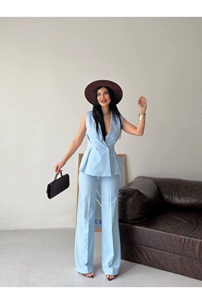 SUXİRCNHTMTS Double-Breasted Sleeveless Jacket and Palazzo Pants Two-Piece Se...