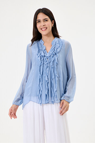 della moor Blue Italian Ruffle Front Collar Buttoned Lined Silk Blouse 38 - 4...