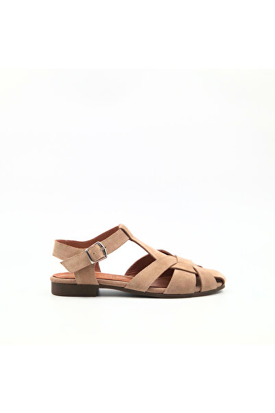 Folle Beige Suede Genuine Leather Women's Sandals with Buckle Flat Sole Daily...