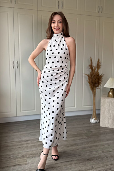 Dilay Gökoğlu Butik Polka Dot Halter Neck Midi Satin Dress with Back Detail