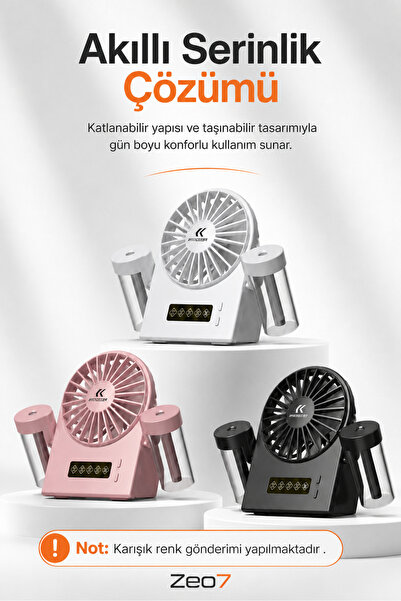 Zeo7 USB Şarjlı Su Buharlı El Tipi, Masaüstü Mini Fan, Nemlendirme Fonksiyonl...