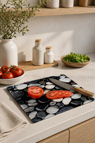 Cam Kesme Tahtası 25x35 cm Taş Desenli Kaydırmaz Ayaklı Dekoratif Sunum ve Kesim Tahtası