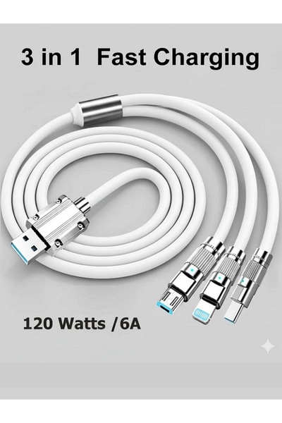 MOBİL GO Süper Hızlı 120w Hızlı Şarj Destekli 3in1 Çelik Uçlu Çoklu Şarj Kabl...
