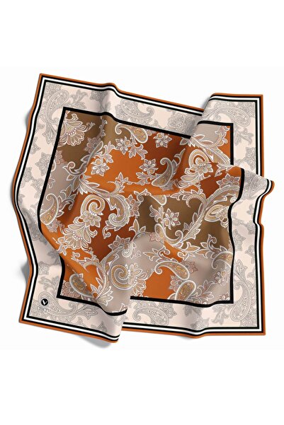 VİOLLA Kristal Şal Desenli Taba Renkli 90x90 Eşarp (İpek İçermez) Kenar Dikiş...