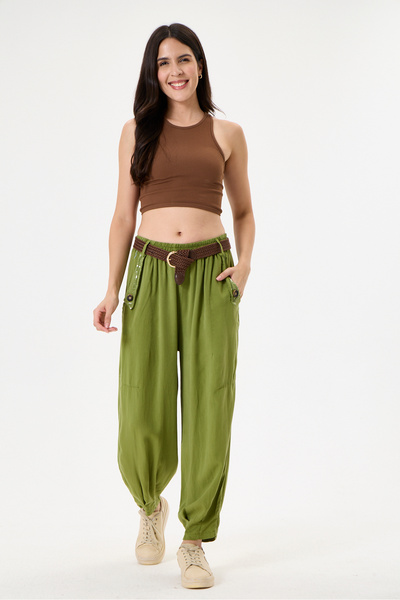 della moor Women's Olive Green Italian Carrot Fit Elastic Waist Belted Loose ...