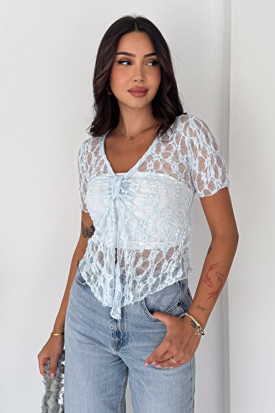 Noa&Noa Women's Lace Detailed Transparent Blouse V-Neck Gathered Detailed Sty...