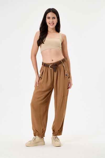 della moor Women's Camel Italian Carrot Fit Elastic Waist Belted Loose Tencel...
