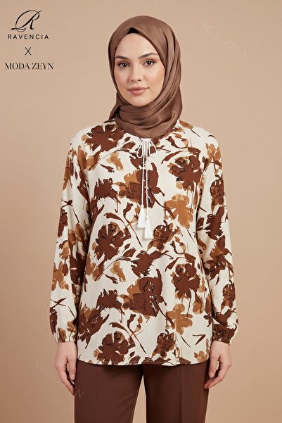Ravencia Women's Floral Patterned Crew Neck Lace-Up Woven Viscose Blouse