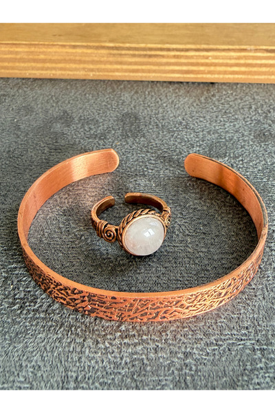Rupen Kraft Handcrafted copper bracelet and natural stone ring set, adjustabl...
