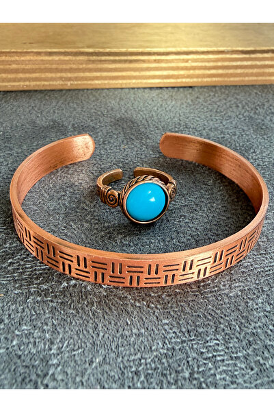 Rupen Kraft Handcrafted copper bracelet and natural stone ring set, adjustabl...