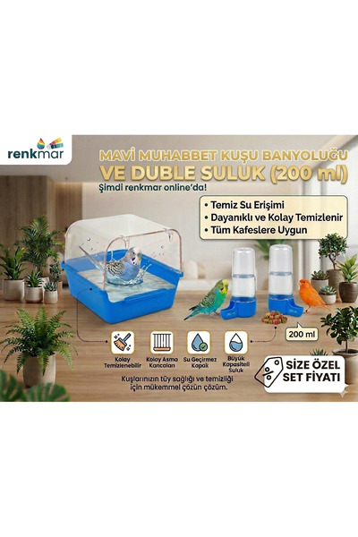 renkmar Mavi büyük suluk ve mavi muhabbet banyoluğu ikili kuş seti kanarya is...