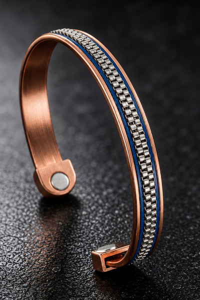 İyyaKee Men's and Women's Navy Blue Copper Bracelet with Leather Strips on To...