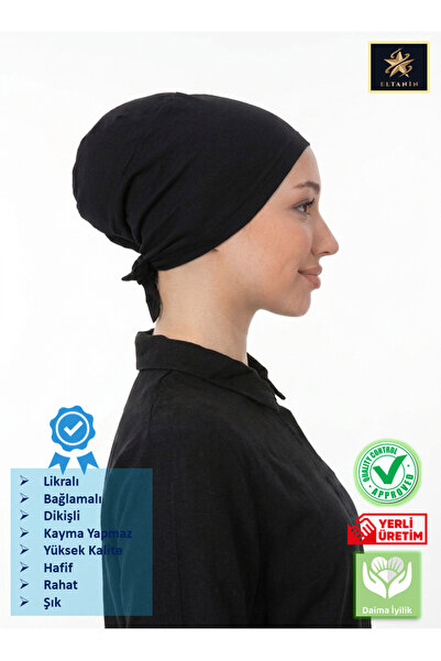 Eltanin Black Combed Cotton Bonnet with Lycra Ties and Stitched Details (Cott...