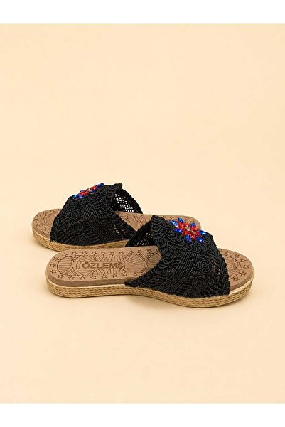 MY STİL MODA Women's Straw Slippers Beige Knit Lace Knitwear Embroidery Embro...