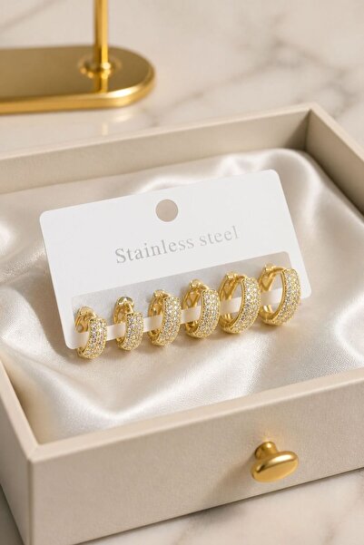 LYKOS Steel Gold Color Zircon Stone Hoop Earring Set