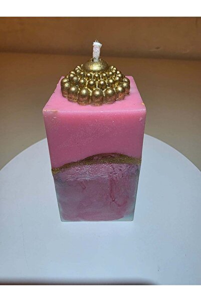 GLOWRA ARTISANS Pink Pillar Candle with Gold Textured Top