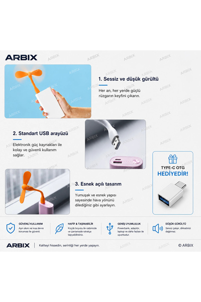 ARBIX Mini USB Vantilatör Fan Serinletici | Laptop Powerbank Uyumlu Sessiz Güçlü BEYAZ RENK