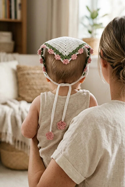 thechild baby collection Floral Hand Knitted Baby Bandana |   Alize Cotton Thread, Breathable Fabric, Adjustable Tying, Handmade