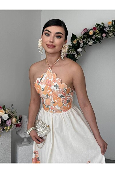 YURELİ Çiçek Desenli Keten Halter Yaka Elbise