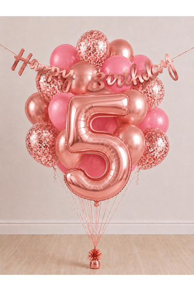 Balonsan -5- Age Rose Gold Happy Birthday Banner Themed Balloon Bundle 15 Pieces