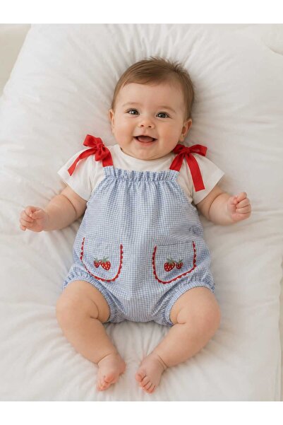Moonic Kids Çilek Nakışlı Cepli Kız Tulum