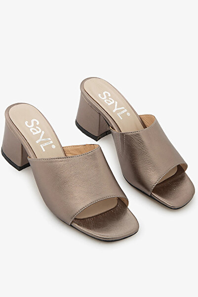 SAYL Platinum Color Genuine Leather Thick Heeled Women's Slippers