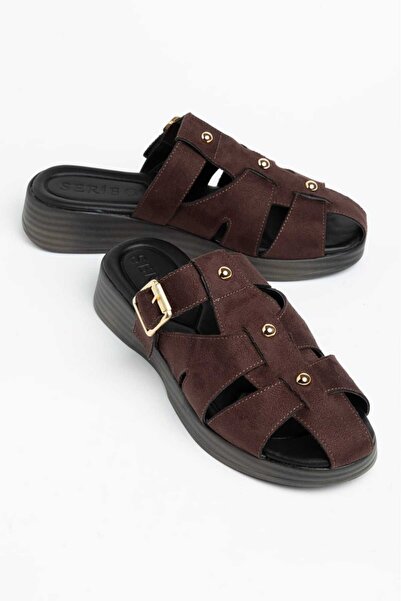 Moda Hanım Women's Bitter Brown Suede Buckle Detailed Orthopedic Sole Sandals