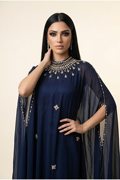 almasa alswda Kuwaiti Jalabiya Full Embellishment in Navy Blue