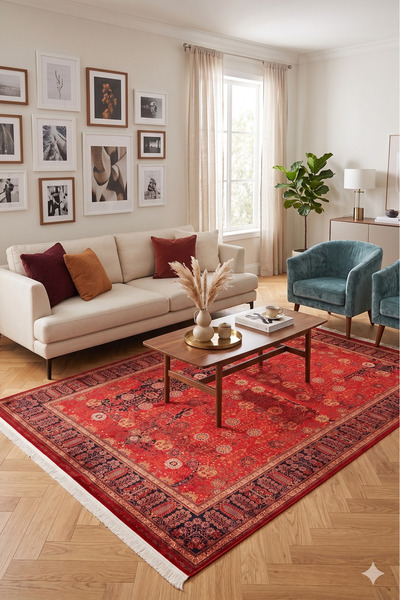 VEJA HOME Gördes Premium İpek Dokulu Otantik Eskitme Kırmızı Salon Halısı