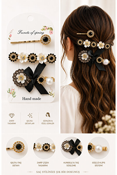 MAQYA KOZMETİK Set of 3 Black Stone Hair Clips with Pearl Detail and Ribbon F...