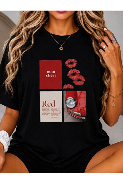EYMORA Mon Cheri Red Aesthetic Printed Crewneck T-Shirt