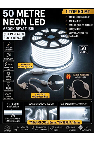ECONA 50 METRE Neon Led Şerit Led,BEYAZ IŞIK Esnek Led Çok Parlak,Led, Kesile...