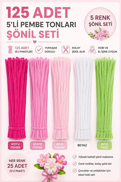 Hobialem 125 Adet 5'li Pembe Tonları Şönil Seti (KOYU PEMBE, ŞEKER PEMBE, AÇI...