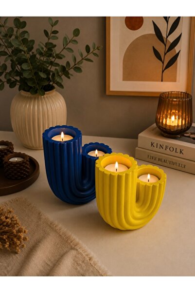 BUBUHOMEDECOR Modern Evler için Kaktüs Figürlü 2'li mumluk Sarı/Lacivert