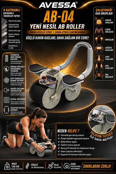 AVESSA AB-04 Yeni Nesil AB Roller Karın Egzersiz Tekeri - Otomatik Geri Dönüş...