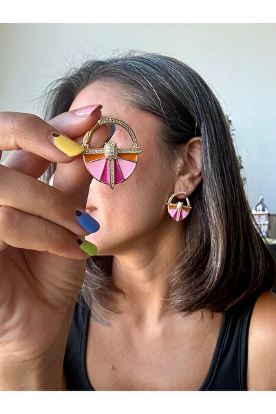 Merishe Jewerly Gold Pink Orange Enamel Clip-On Antiallergic Non-Tarnish Stee...