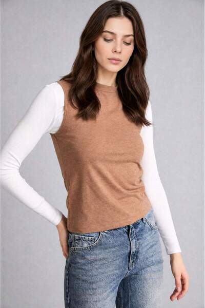 DeFacto Slim Fit Half Turtleneck Combed Cotton Light Brown Undershirt H8040Ax...